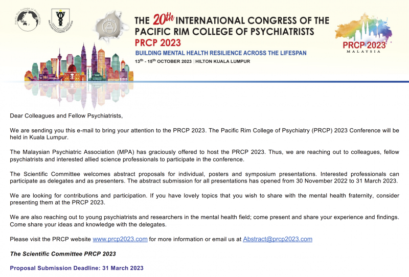 Pacific Rim College of Psychiatry (PRCP) 2023 Conference, Kuala Lumpur